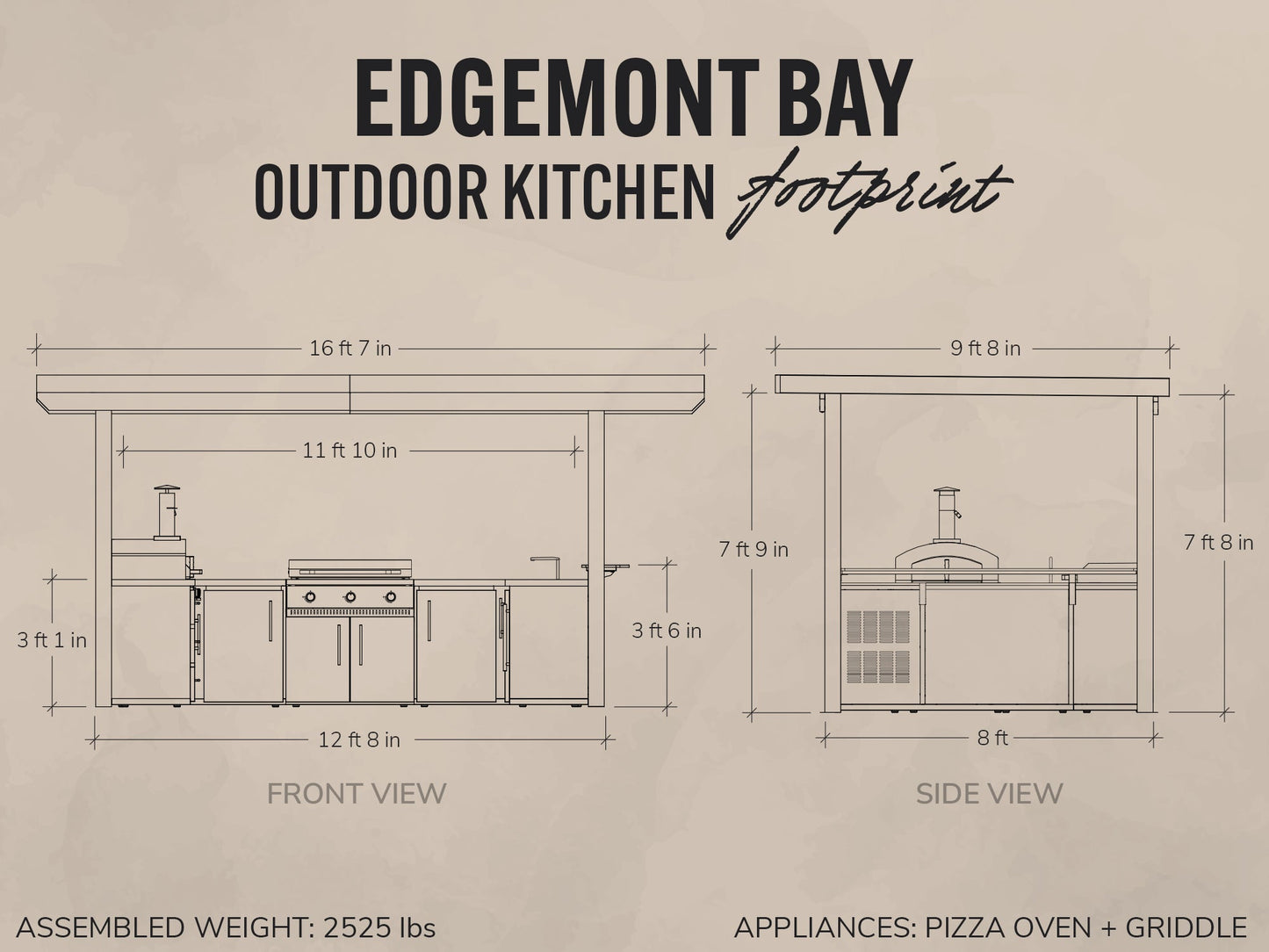 Edgemont Bay | U-Shape Outdoor Kitchen with Bar Seating, Griddle & Pizza Oven