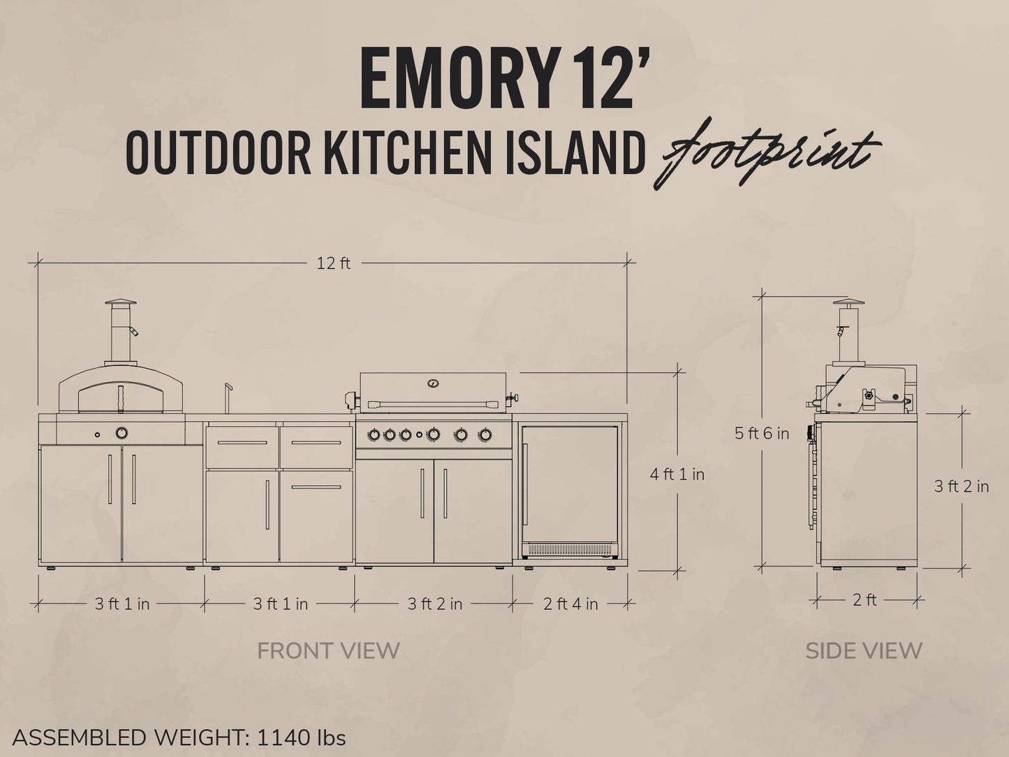 Emory | 12-Foot Outdoor Kitchen Island with Built-In Grill & Pizza Oven